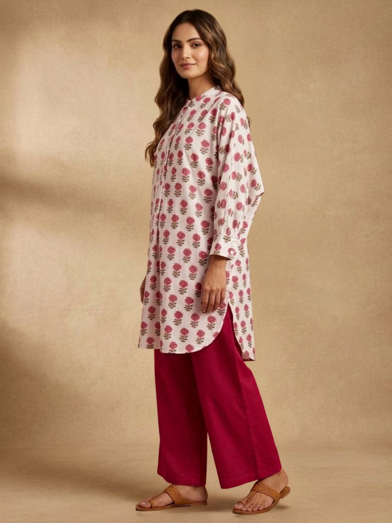 Pspeaches Women Cotton Full Sleeves Mandarin Collar Floral Print Kurta With Pant 2 Piece Set - White & Maroon