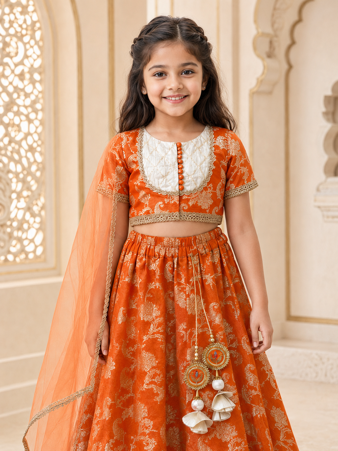 Girls Brocade Printed Fitted Lehenga Choli With Dupatta (L-FLORALORANGEBROCADE)