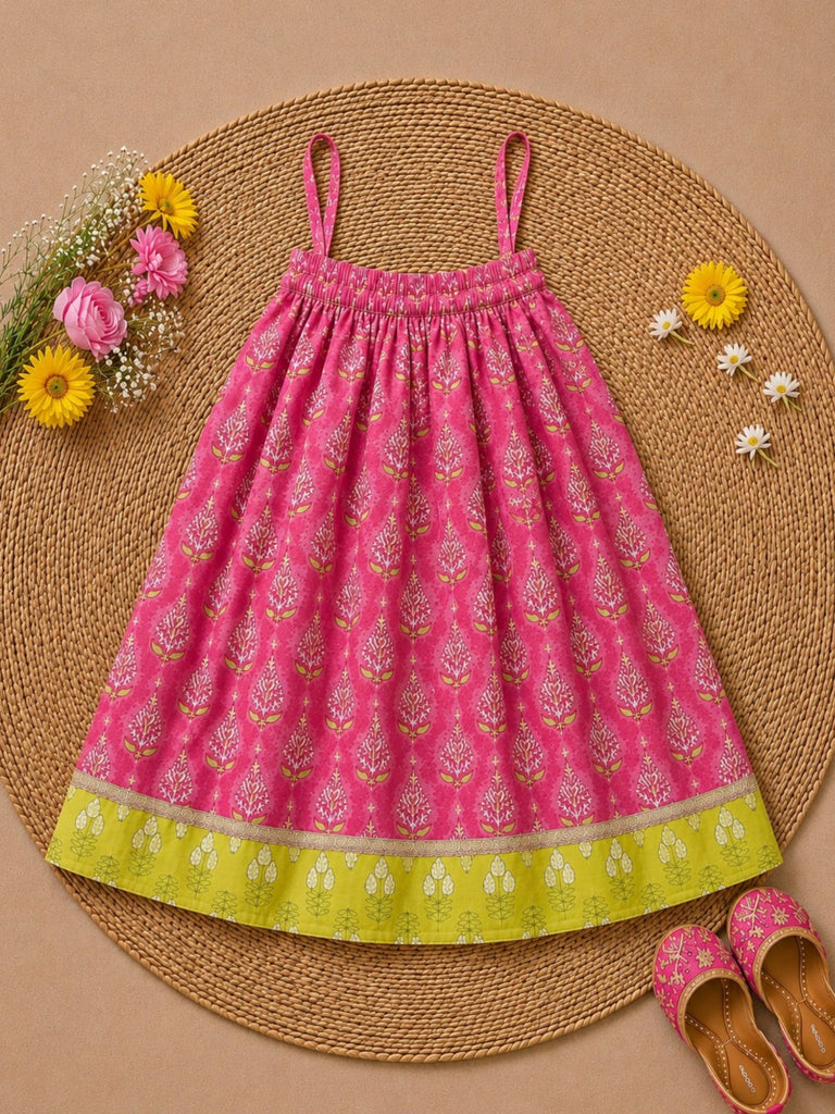 Pspeaches Baby Girls Pink Ethnic Booti Print Cotton Circular Lehenga & Choli With Dupatta ( Sku-Ing-Lgreenfoil )