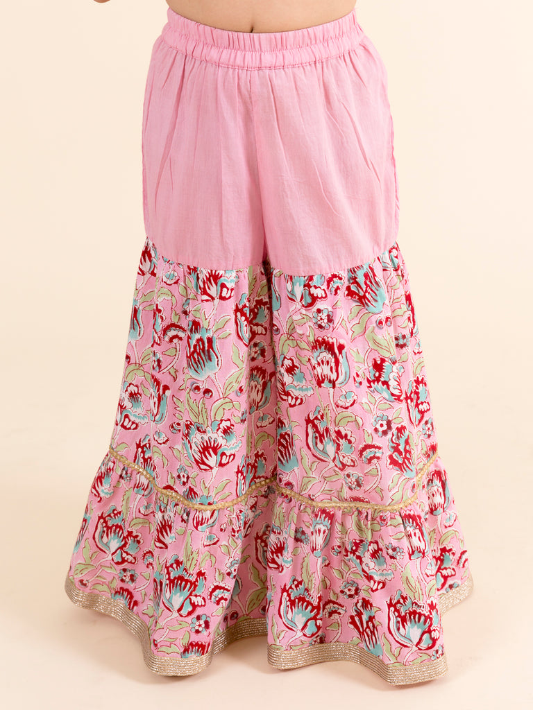 Girls Floral Printed Gotta Patti Pure Cotton Kurti with Palazzos With Dupatta (Sha-Jaalpink)