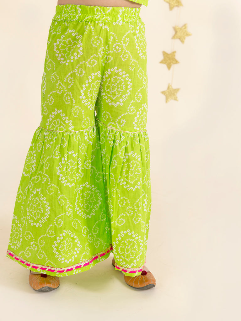 Pspeaches Girls Green Pink Bandhani Embroidered Pure Cotton Kurta With Sharara Dupatta (SHA-GREEN BANDHNI)