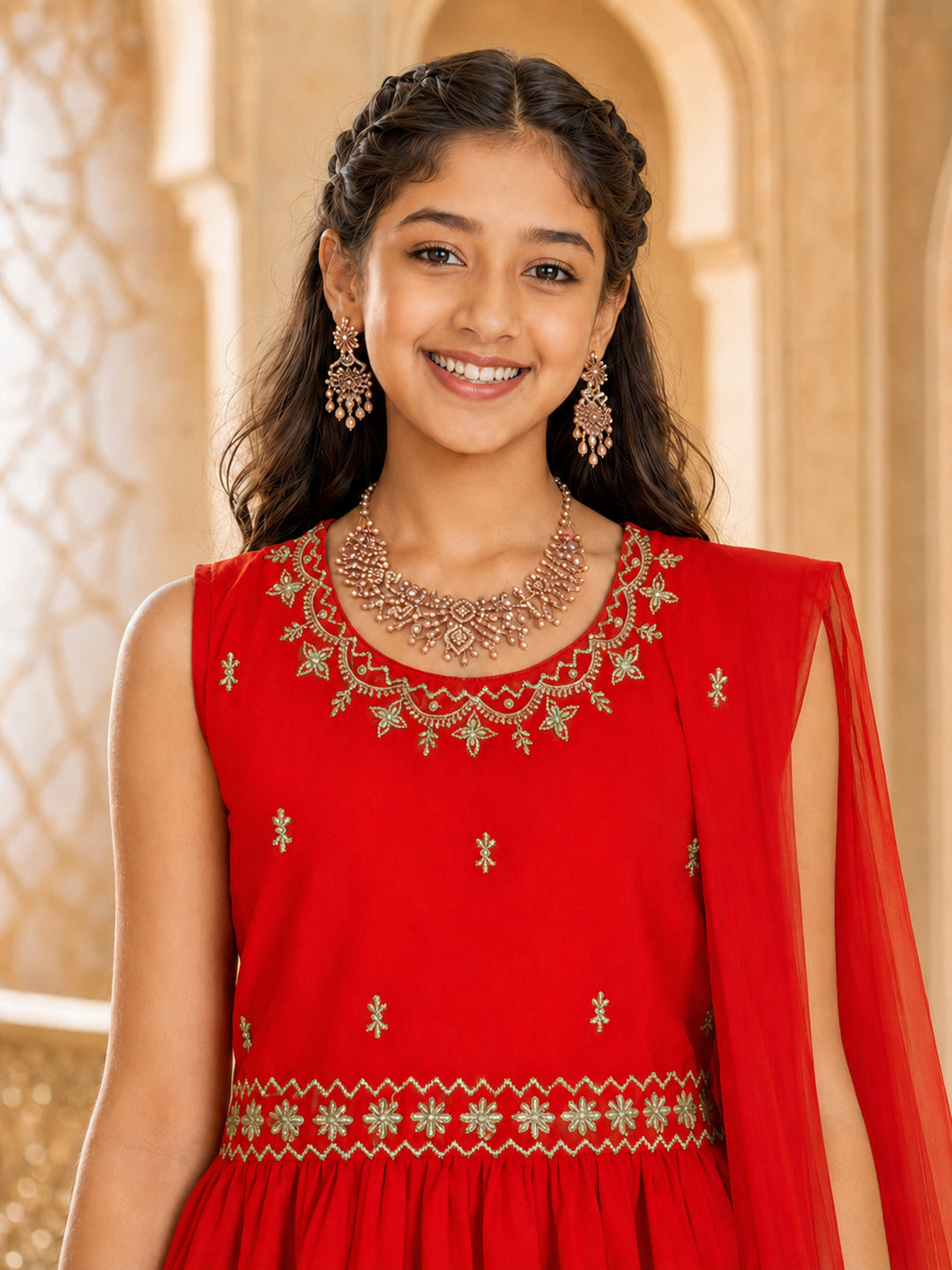 Pspeaches Girls Georgette Sleeveless Round Neck Embroidered Red Kurti & Sharara With Dupatta 3 Piece Set