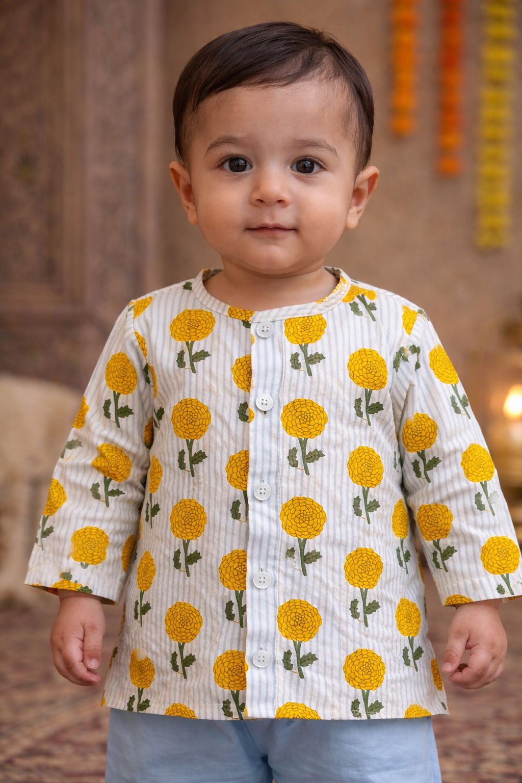 Pspeaches Baby Boys Blue & White Booti With Stripe Print Cotton A-Line Kurta With Pyjama Set ( Sku-Inb-Bluestripes )