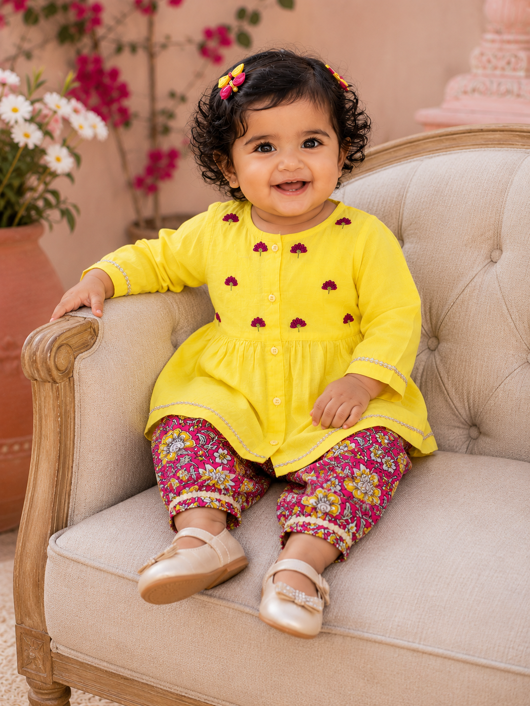 Pspeaches Baby Girl Yellow Ethnic Floral Print Cotton Peplum Set Kurta With Pant ( Sku-Ing-Ks-Yellowpeplum )