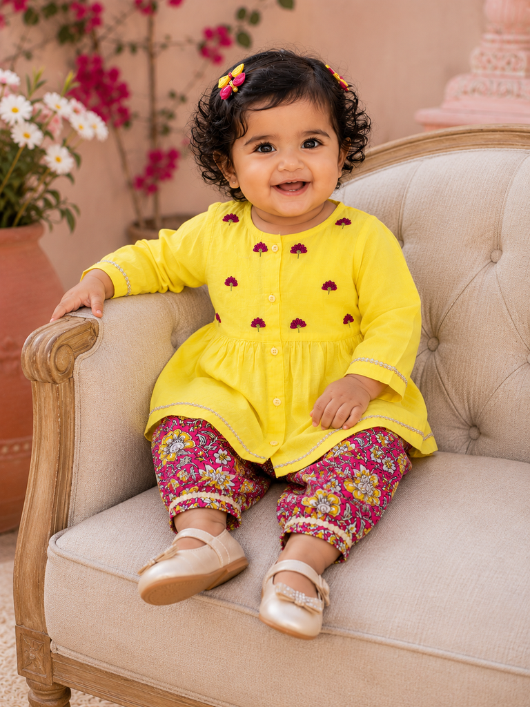 Pspeaches Baby Girl Yellow Ethnic Floral Print Cotton Peplum Set Kurta With Pant ( Sku-Ing-Ks-Yellowpeplum )