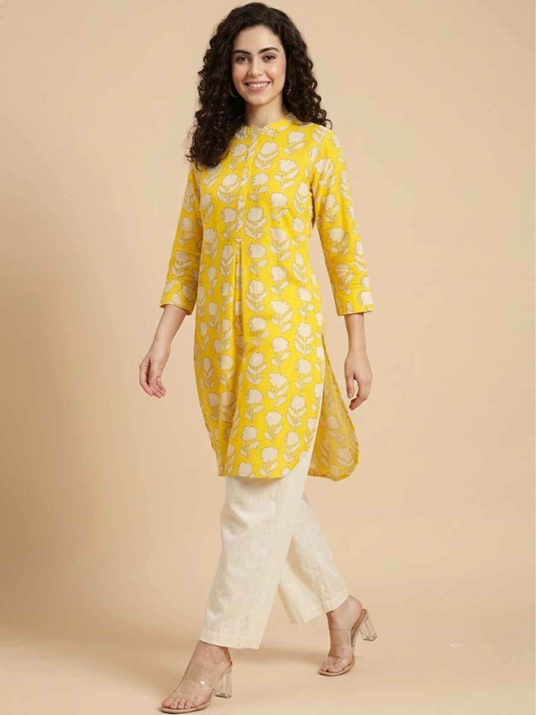 Pspeaches Women Cotton Full Sleeves Mandarin Collar Floral Print Kurta With Pant 2 Piece Set - Yellow & White