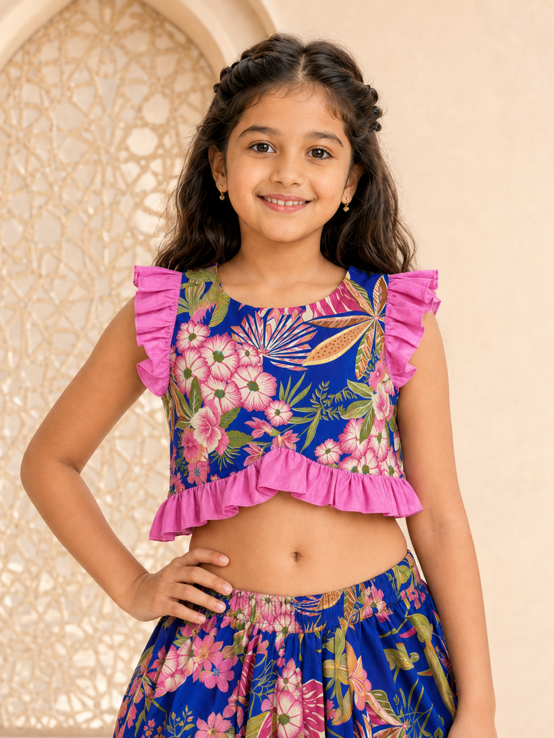 Girls Floral Printed Fitted Crop Top With Dhoti Pants (DH-BLUEPINKFLOWER)