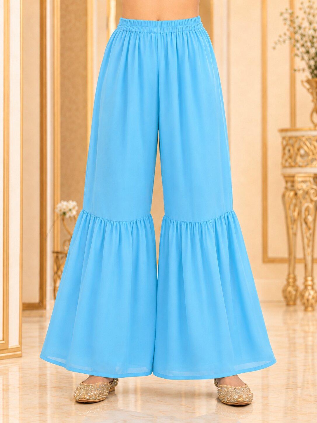 Pspeaches Girls Georgette Sleeveless Round Neck Embroidered Firozi Kurti & Sharara With Dupatta 3 Piece Set