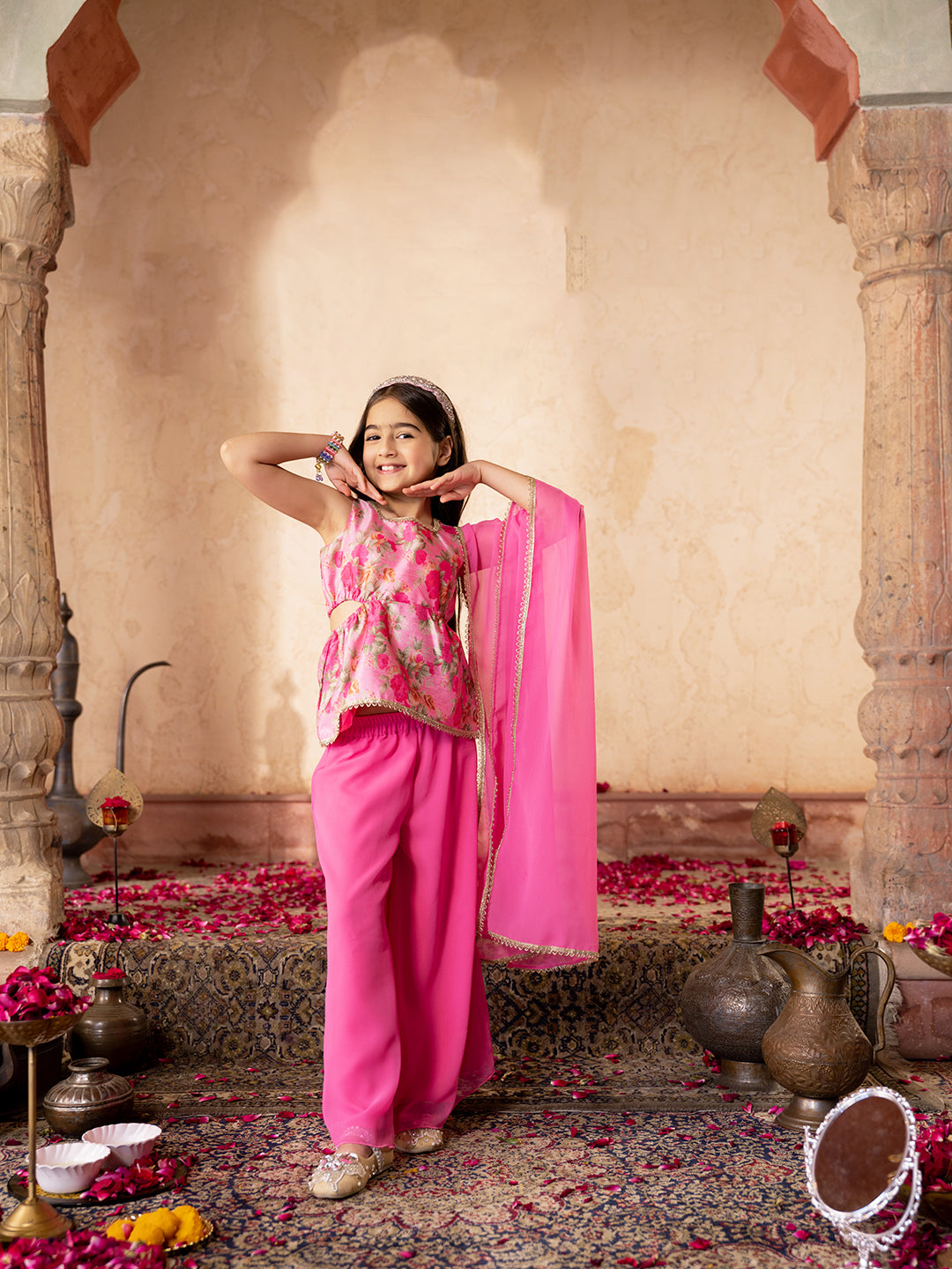 3-Piece Dupion Top, Palazzo & Dupatta Set (IW25009106)