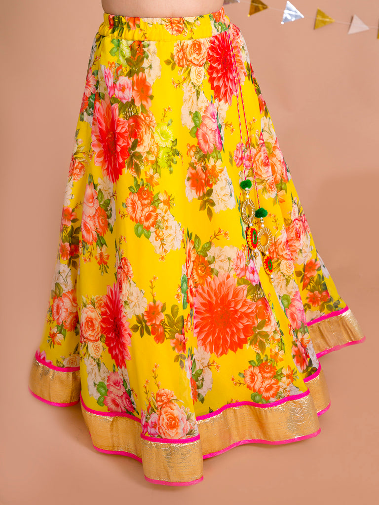Pspeaches Girls Yellow Pink Embroidered Ready To Wear Lehenga Blouse With Dupatta (L-YELLOW FLORAL GGT)