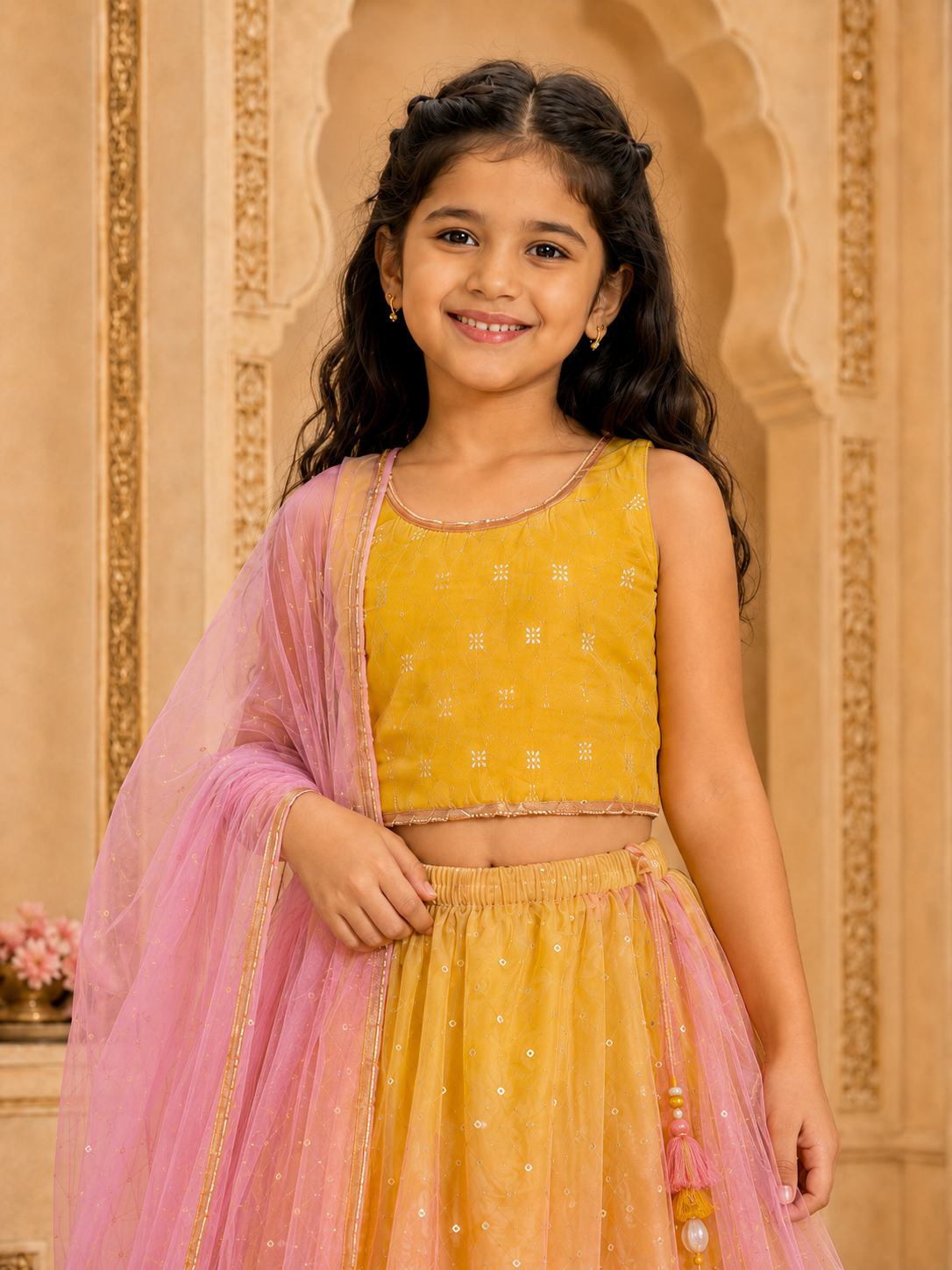 Girls Foil Net Fitted Lehenga Choli With Dupatta (L-YELLOWDUPION)