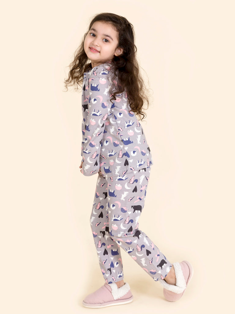 Girls Pack of 2 Pure Cotton Printed Night suits (NW-GreyStoryCombo)