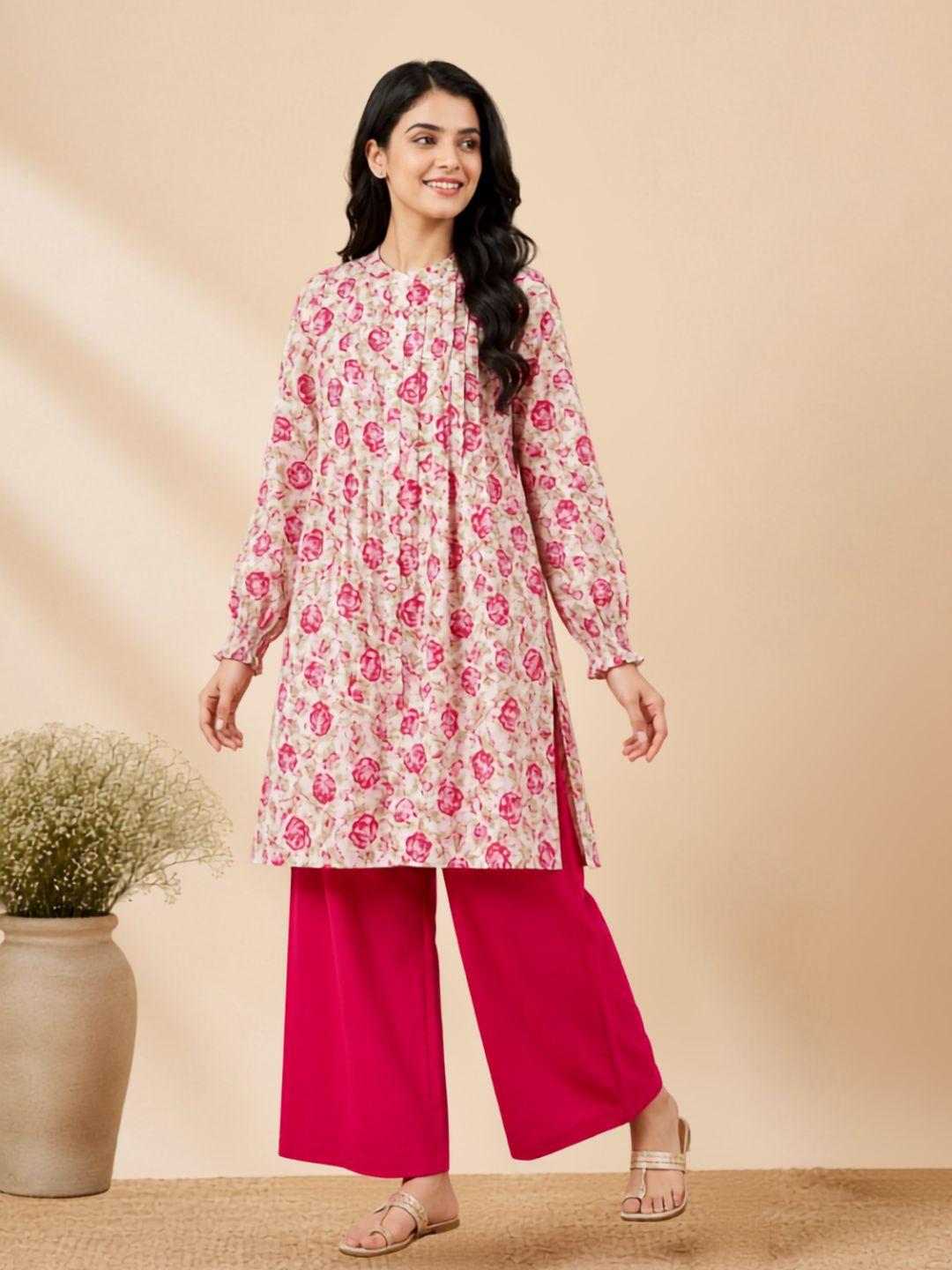 Pspeaches Women Cotton Full Sleeves Mandarin Collar Floral Print Kurta With Pant 2 Piece Set - White & Magenta