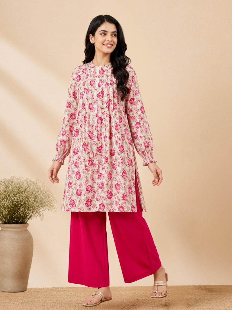 Pspeaches Women Cotton Full Sleeves Mandarin Collar Floral Print Kurta With Pant 2 Piece Set - White & Magenta