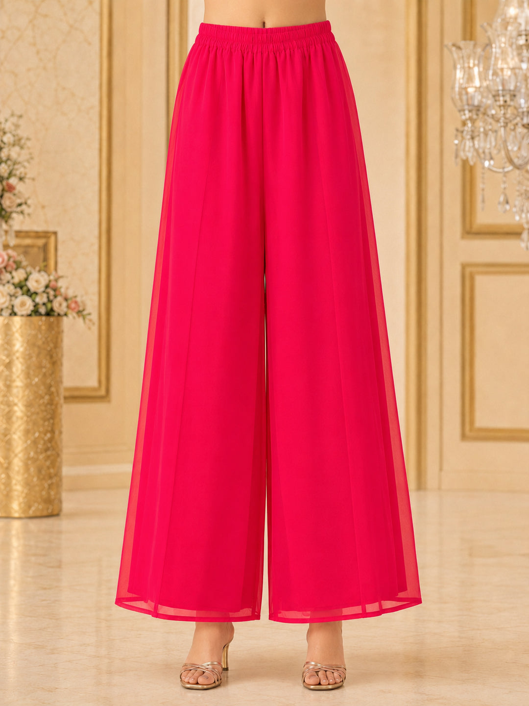 Pspeaches Girls Georgette Sleeveless Square Neck Embroidered Coral Red Kurti & Palazzo With Dupatta 3 Piece Set