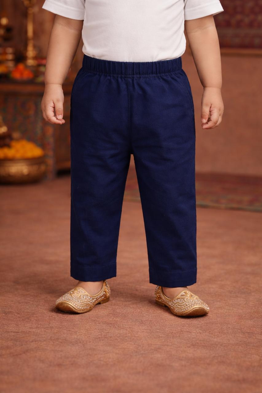 Pspeaches Baby Boys White & Navy-Blue Ethnic Animal Print Cotton Straight Fit Kurta With Pyjama Set ( Sku-Inb-Whitehathi )
