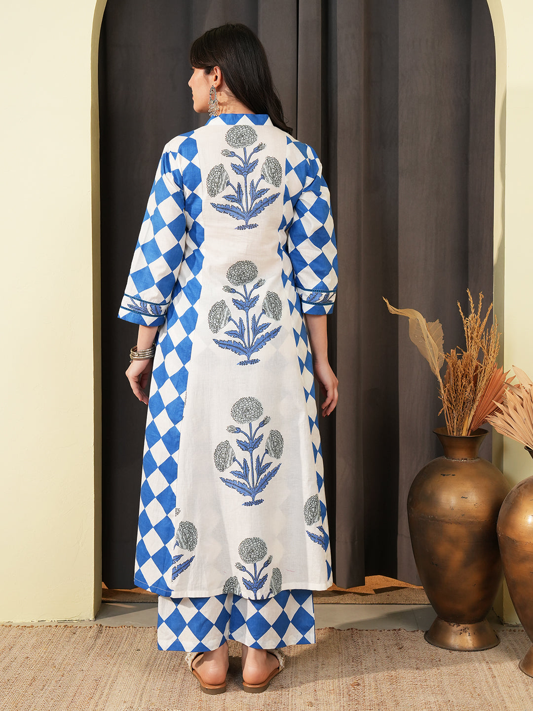 Blue Check Lace Insert Kurta Set