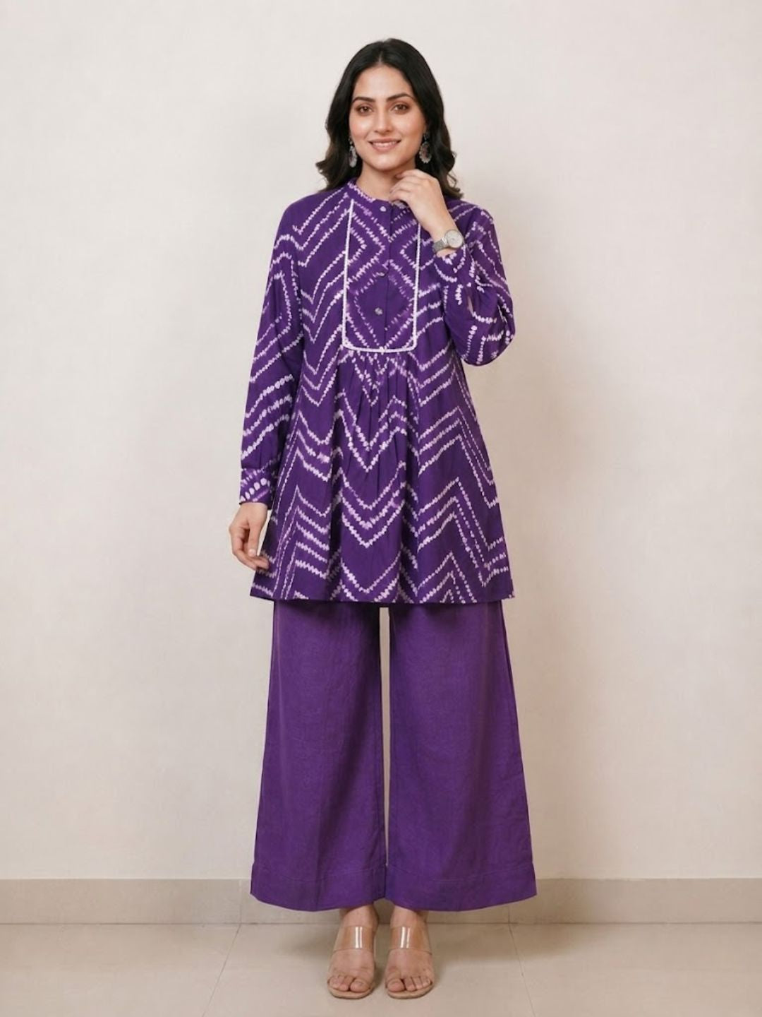 Pspeaches Women Cotton Full Sleeves Mandarin Collar Bandhani Print Kurta With Pant 2 Piece Set - Purple