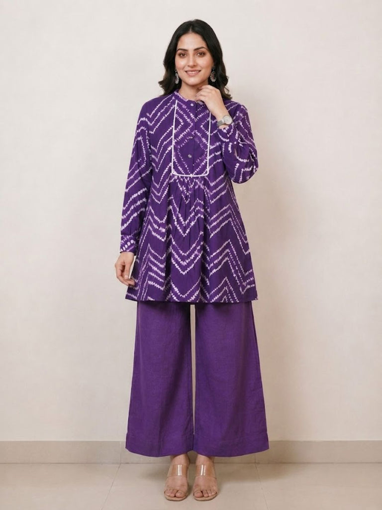 Pspeaches Women Cotton Full Sleeves Mandarin Collar Bandhani Print Kurta With Pant 2 Piece Set - Purple
