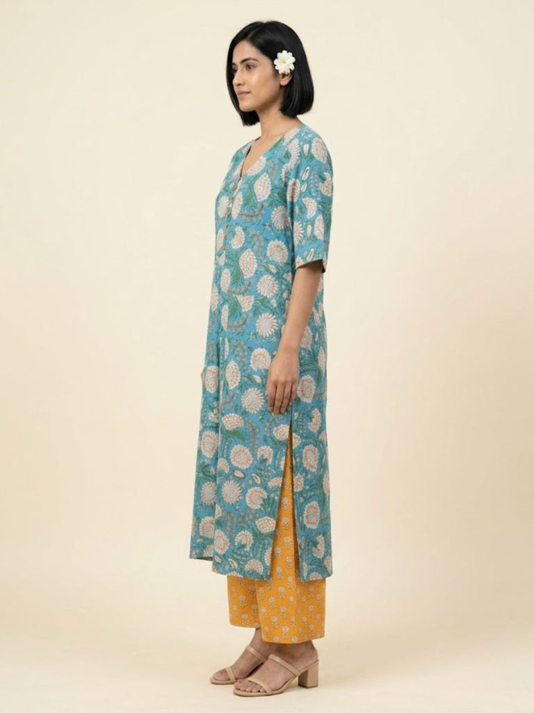 Pspeaches Women Cotton Half Sleeves V-Neck Floral Print Kurta With Pant 2 Piece Set - Blue & Orange
