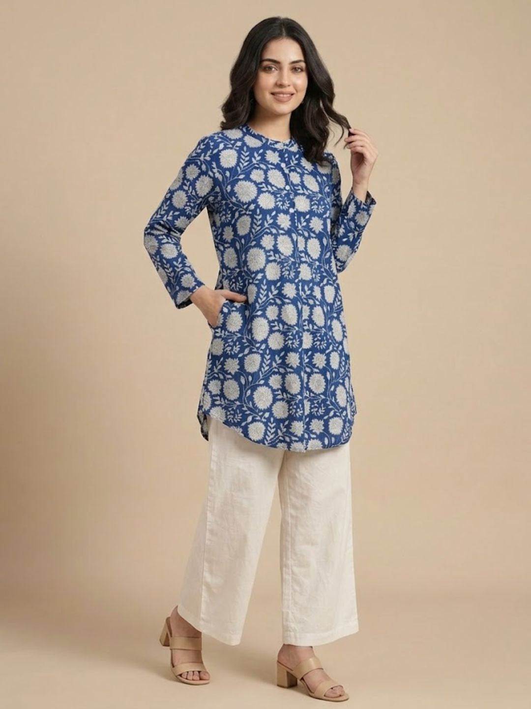 Pspeaches Women Cotton 3/4Th Sleeves Mandarin Collar Floral Print Kurta With Pant 2 Piece Set - Blue & White