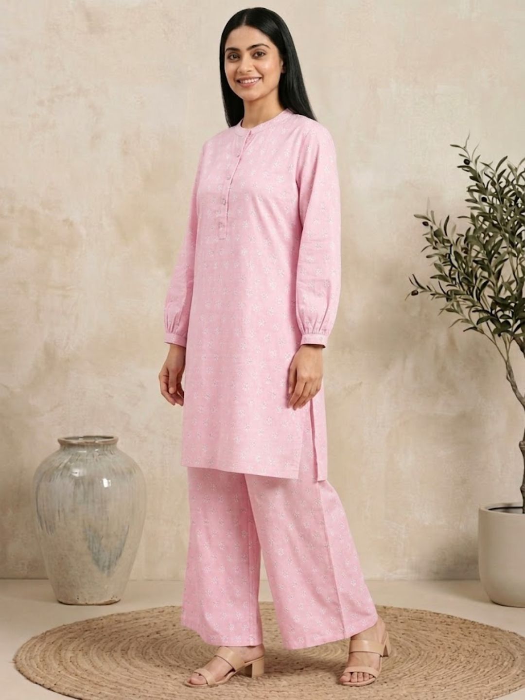 Pspeaches Women Cotton Full Sleeves Mandarin Collar Floral Print Kurta With Pant 2 Piece Set - Pink
