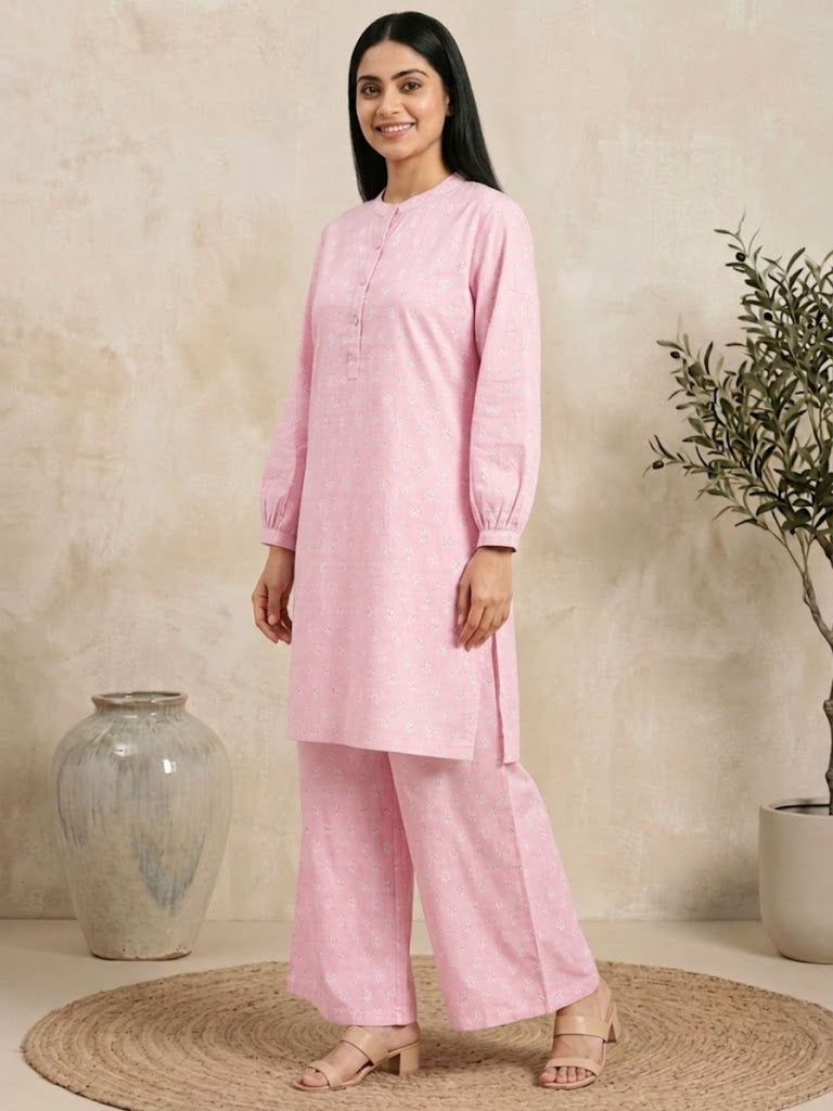 Pspeaches Women Cotton Full Sleeves Mandarin Collar Floral Print Kurta With Pant 2 Piece Set - Pink