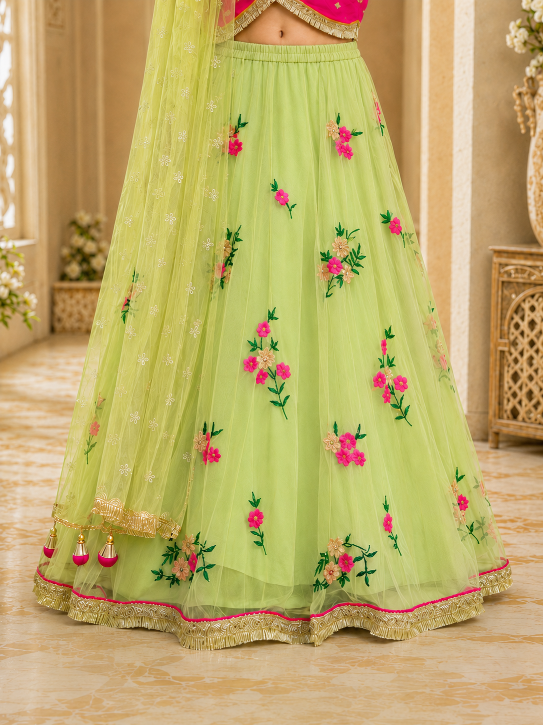 Girls Embroidered Fitted Lehenga Choli With Dupatta (L-GRNMGTAFFETA)