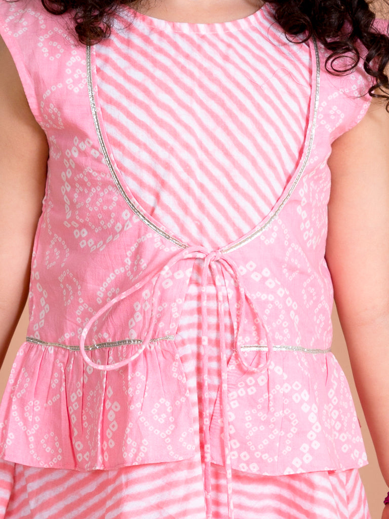 Pspeaches Girls Pink Floral Striped Empire Pure Cotton Kurti With Sharara (SHA-PIN BANDHNI)