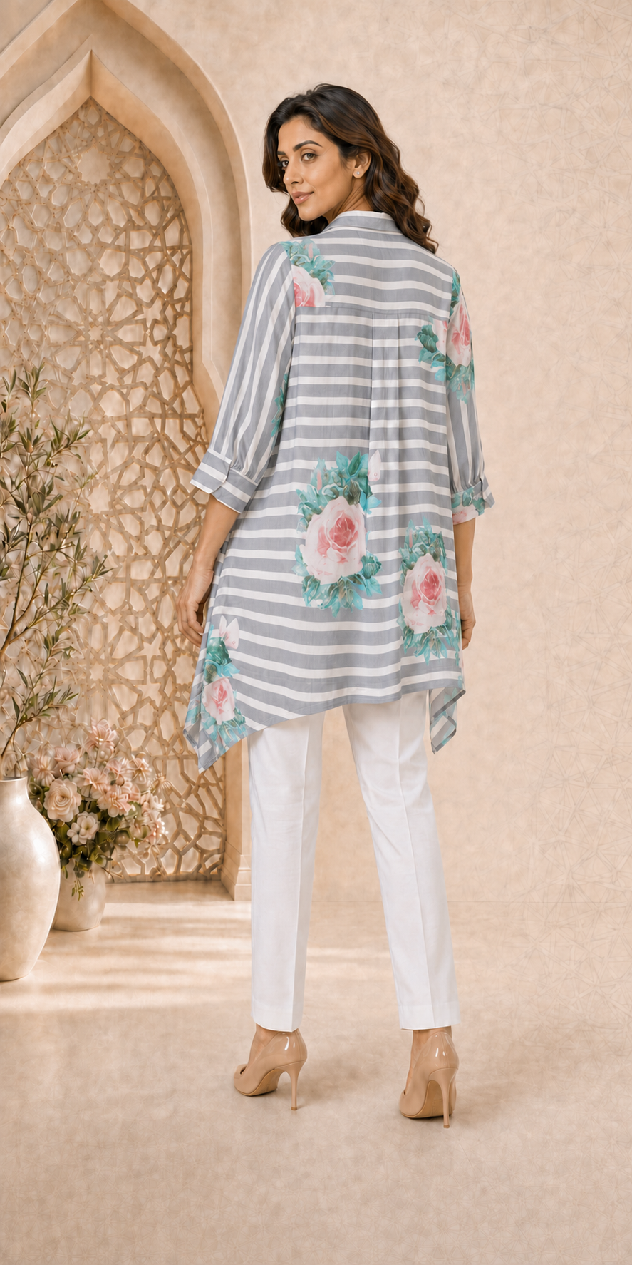 Women’s Grey Striped Asymmetrical Muslin Top