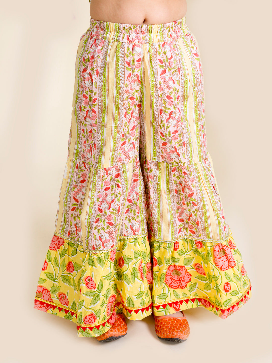 Pspeaches Girls Yellow Floral Printed Pleated Pure Cotton Kurta With Sharara With Dupatta (SHA-YELLOW RED FLORAL)