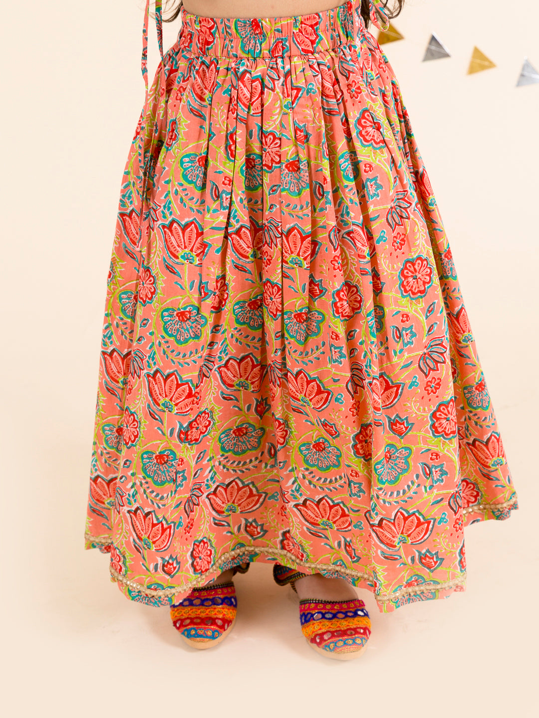 Pspeaches Girls Coral Floral Printed Cotton Flared Lehenga With Choli ( SKU-L-Coralfrill )