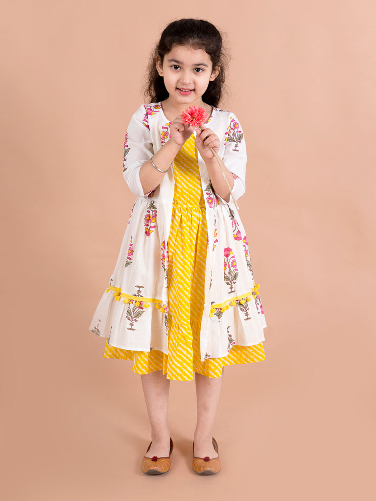 Pspeaches Yellow White Floral A-Line Cotton Dress With Attached Shrug (IW-Mughalflowers)