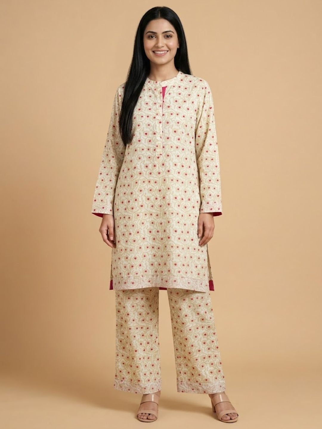 Pspeaches Women Cotton Full Sleeves Mandarin Collar Floral Print Kurta With Pant 2 Piece Set - Beige