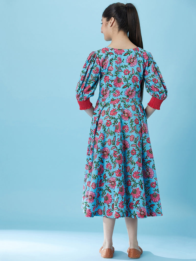 Pspeaches Girls Floral Printed Fit & Flare Cotton Midi Dress (IW-JAALBLUE)