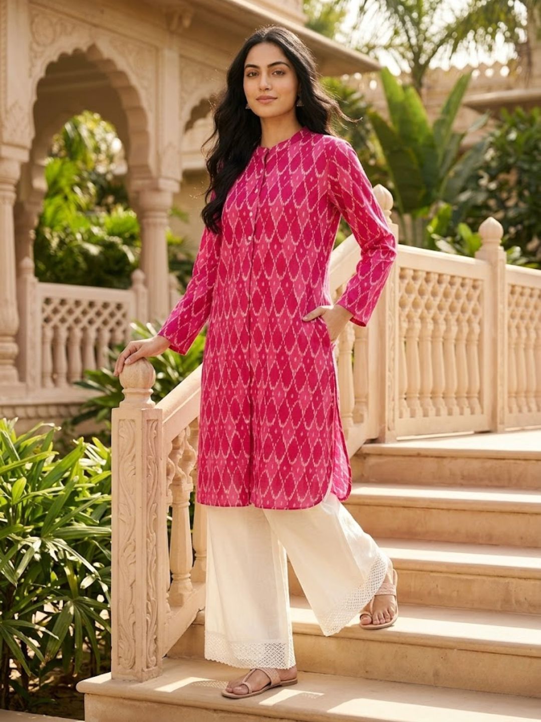 Pspeaches Women Cotton Full Sleeves Mandarin Collar Ikkat Print Kurta With Pant 2 Piece Set - Magenta &amp; White