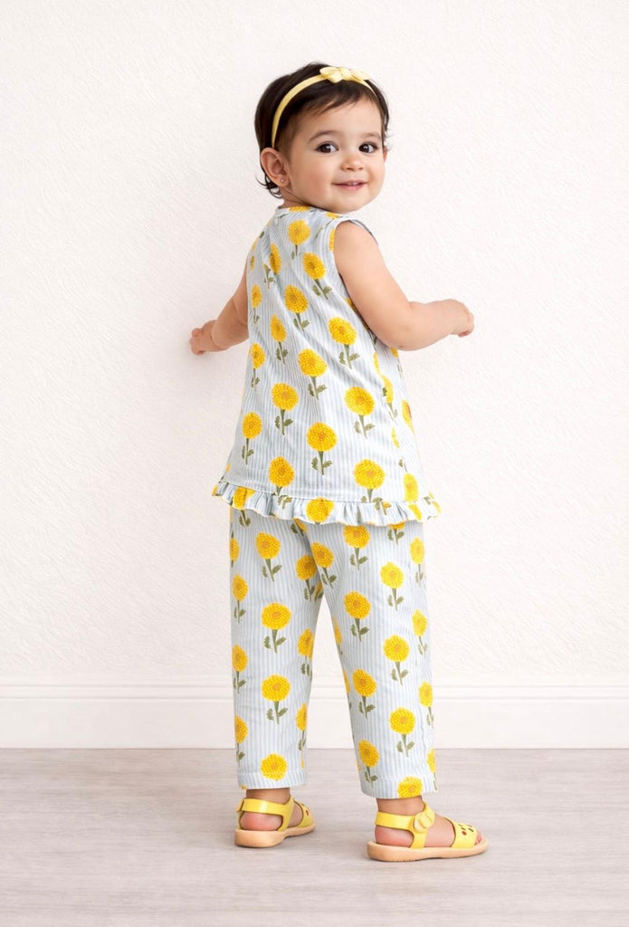 Pspeaches Baby Girls Blue & White Ethnic Floral Print Cotton Straight Fit Kurta With Pant Set ( Sku-Ing-Bluestripes )