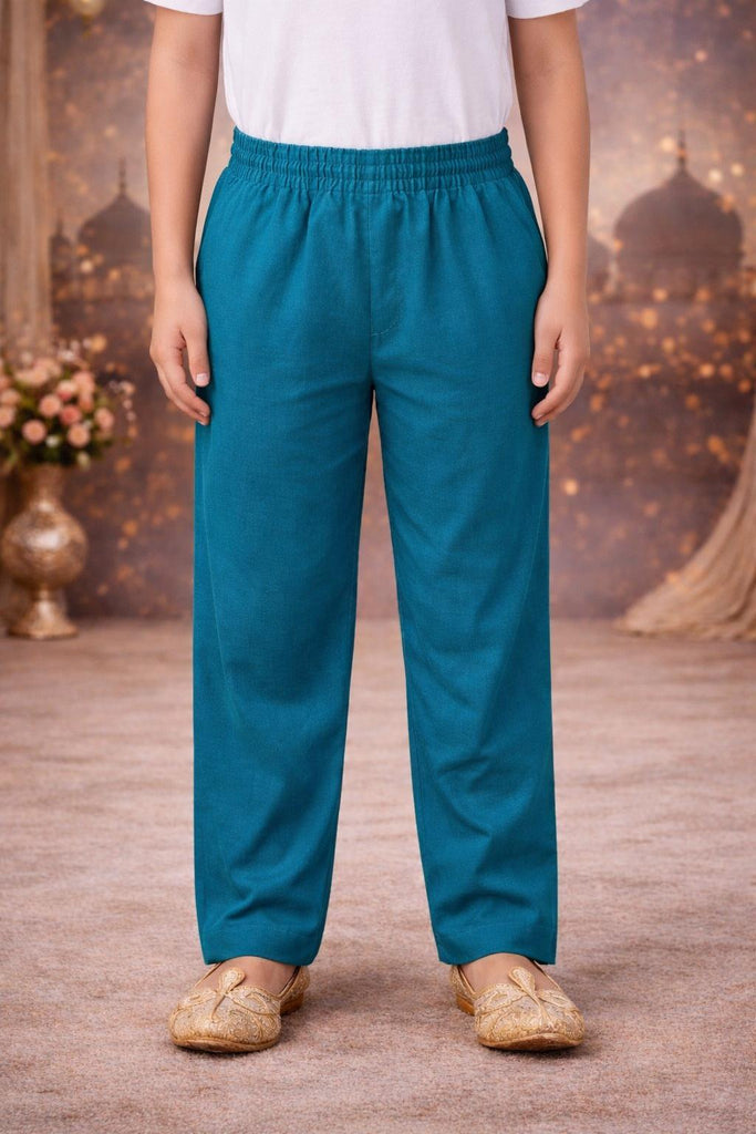 Pspeaches Boys Teal Green Ethnic Solid Cotton Slub Straight Fit Kurta With Pyjama & Jacket ( Sku-Kp-Bluemsulin )