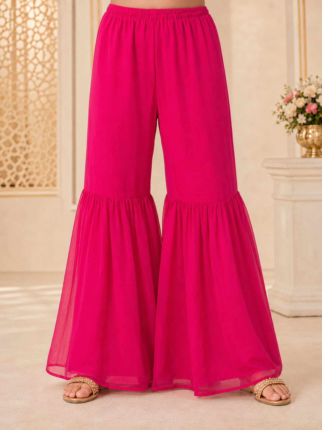 Pspeaches Girls Georgette Sleeveless Round Neck Embroidered Magenta Kurti & Sharara With Dupatta 3 Piece Set