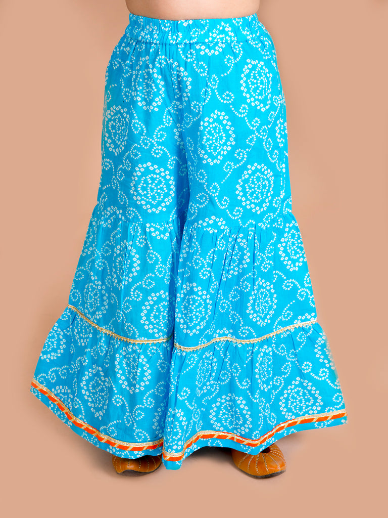 Pspeaches Girls Blue Bandhani Printed Panelled Gotta Patti Pure Cotton Kurti With Sharara With Dupatta (SHA-BLUE BANDHNI)