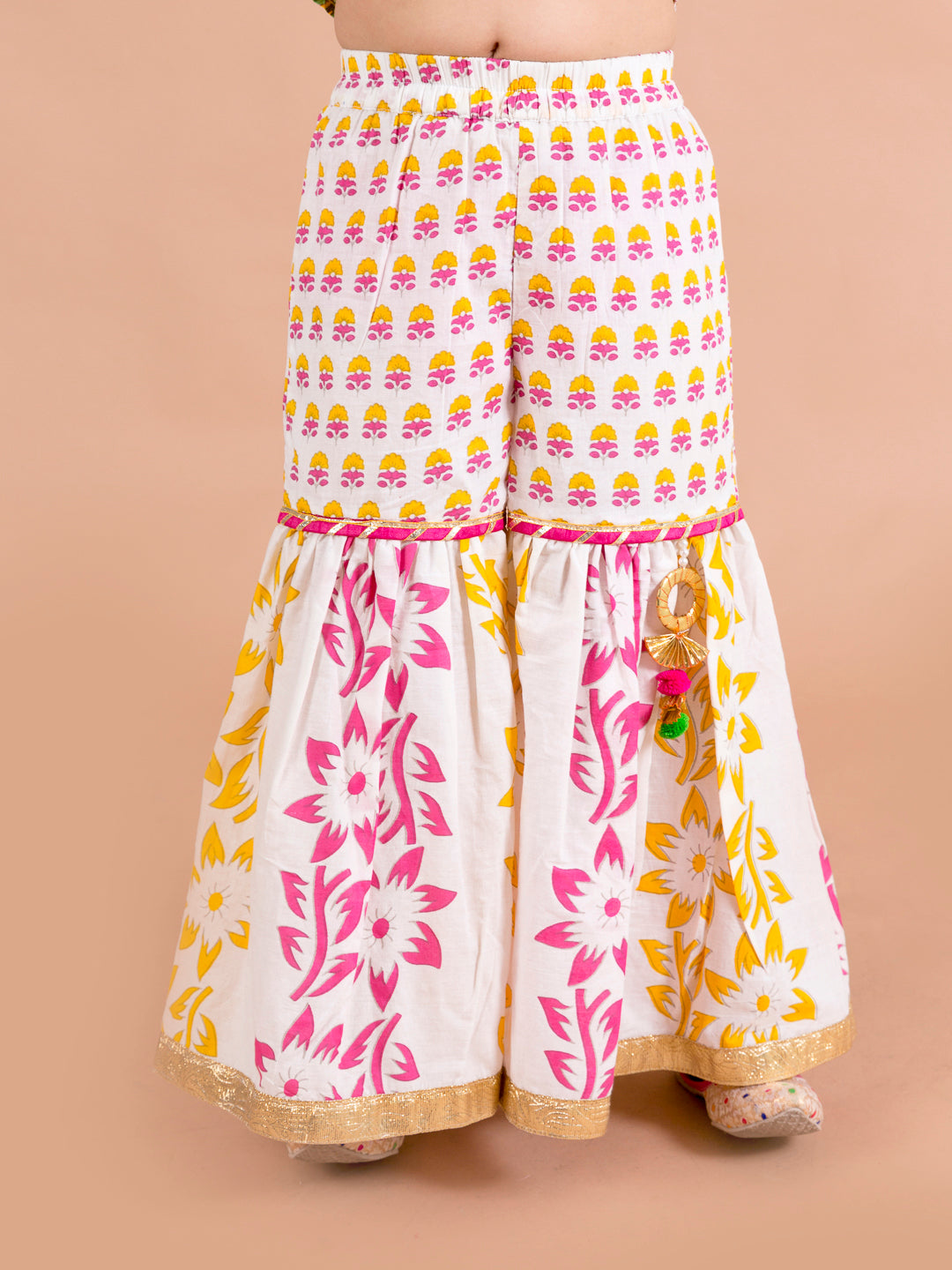 Pspeaches Girls Yellow Floral Printed Pure Cotton Kurti with Sharara & With Dupatta (SHA-Yellowpanel)