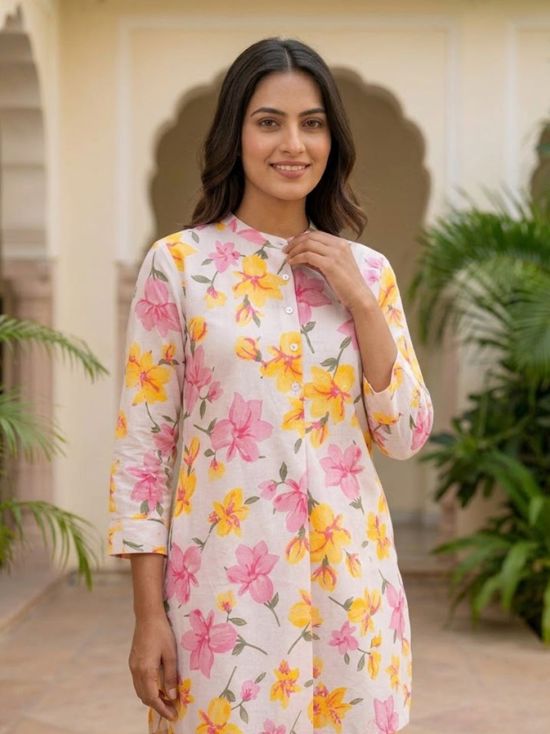 Pspeaches Women Cotton Full Sleeves Mandarin Collar Floral Print Kurta With Pant 2 Piece Set - Offwhite