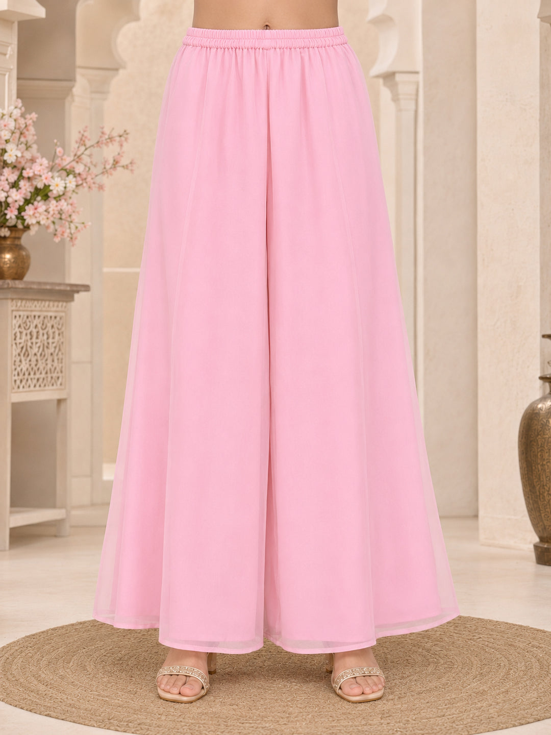 Pspeaches Girls Georgette Sleeveless Square Neck Embroidered Pink Kurti & Palazzo With Dupatta 3 Piece Set