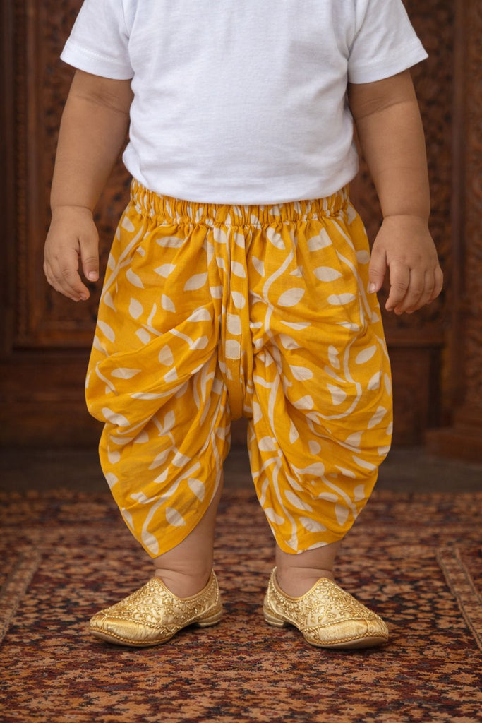 Pspeaches Baby Boys Mustard Booti Print Cotton Straight Fit Kurta With Dhoti Pant ( Sku-Inb-Dhotiyellow )