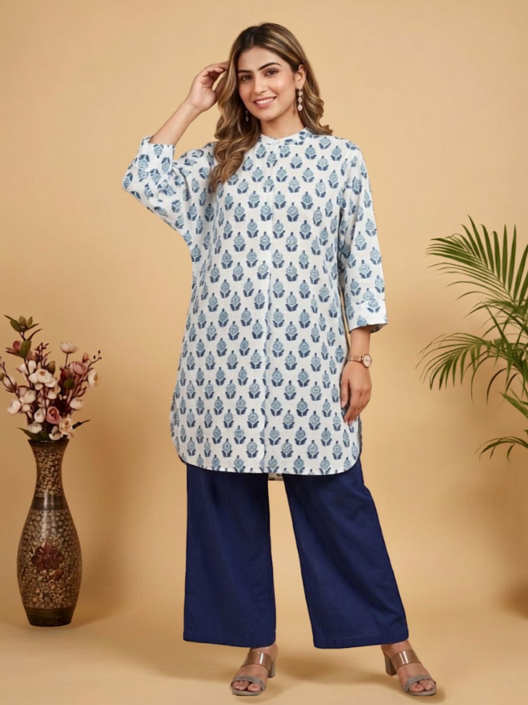 Pspeaches Women Cotton Full Sleeves Mandarin Collar Floral Print Kurta With Pant 2 Piece Set - White & Blue