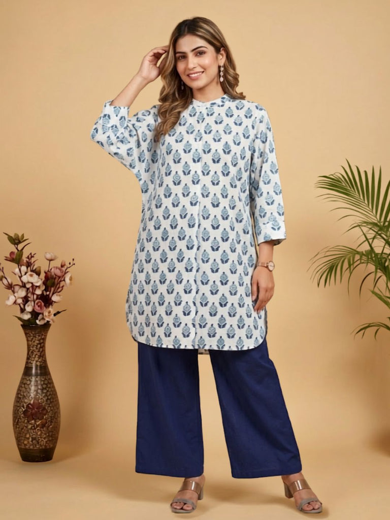 Pspeaches Women Cotton Full Sleeves Mandarin Collar Floral Print Kurta With Pant 2 Piece Set - White & Blue