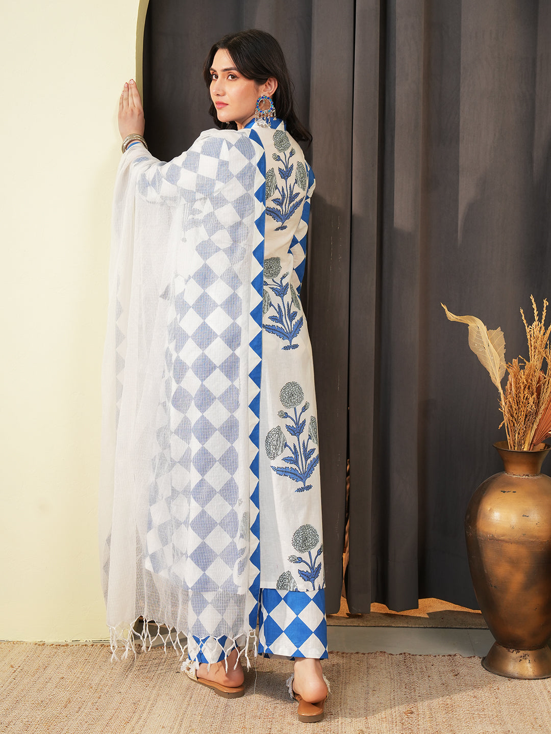 Blue Check Lace Insert Kurta Set with Dupatta