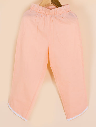 Pspeaches Girls Peach-Coloured Floral Printed Angrakha Pure Cotton Kurta With Trousers With Dupatta (KS-PEACHANGRA)