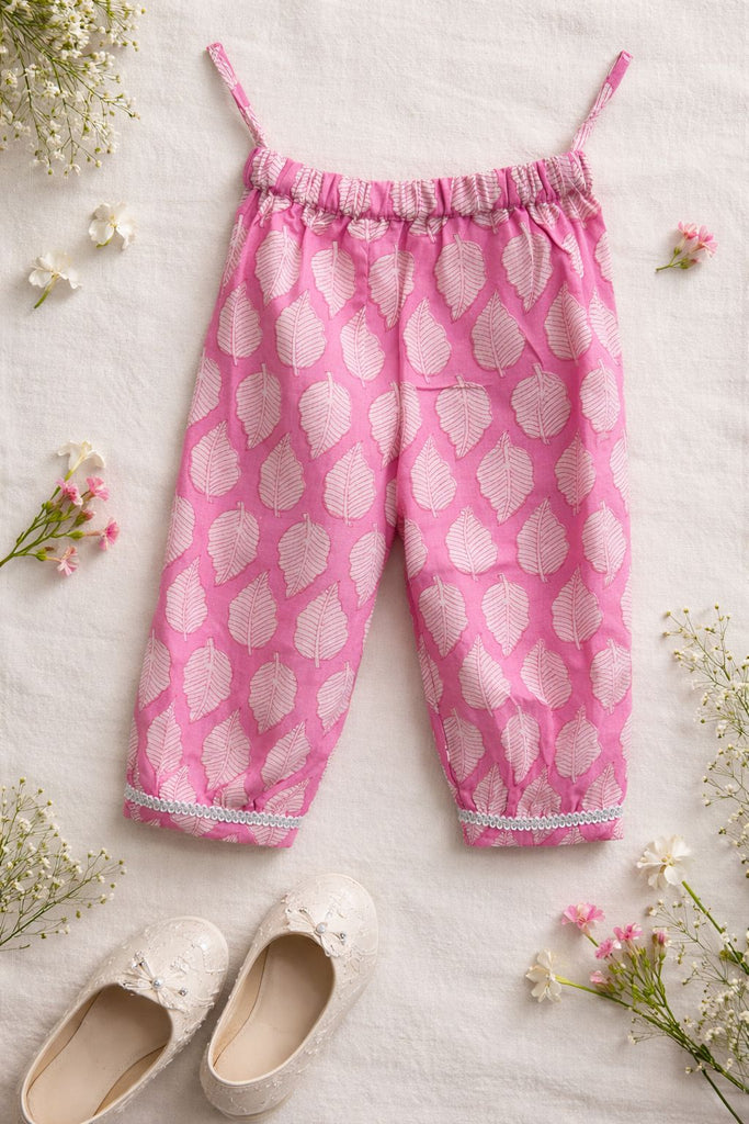 Pspeaches Baby Girls Pink Ethnic Leaf Print Cotton A-Line Kurta & Pant With Dupatta ( Sku-Ing-Pinkpaan )