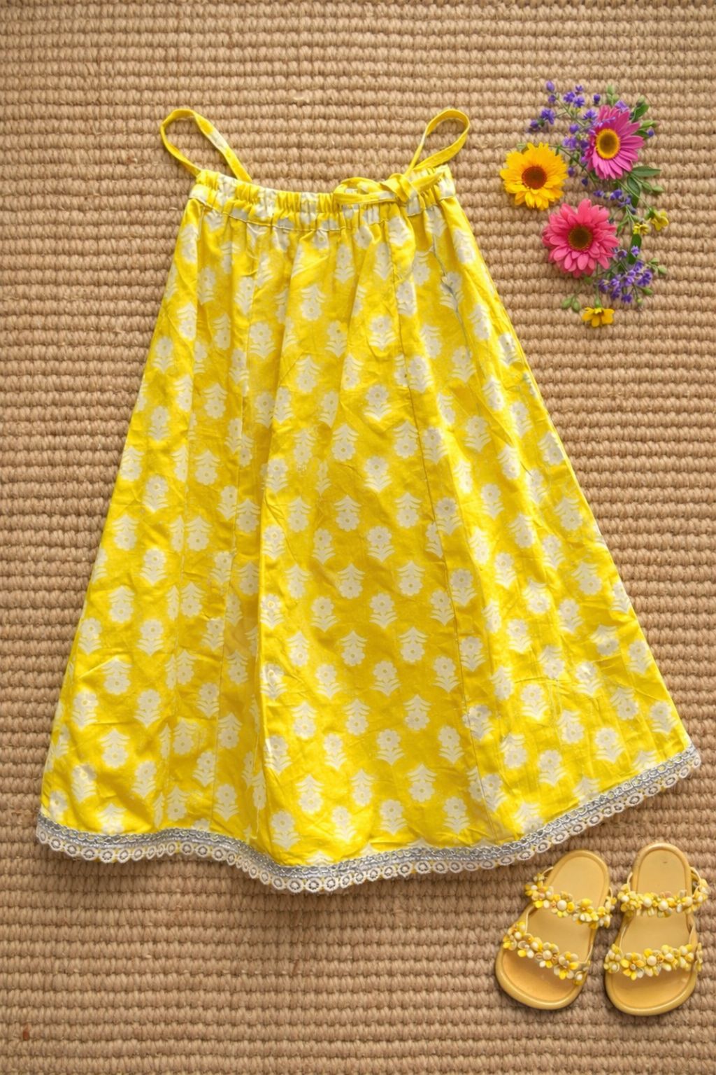 Pspeaches Baby Girls Yellow & Blue Ethnic Leheriya Print Cotton Circular Lehenga & Choli With Dupatta ( Sku-Ing-Lyellowfoil )